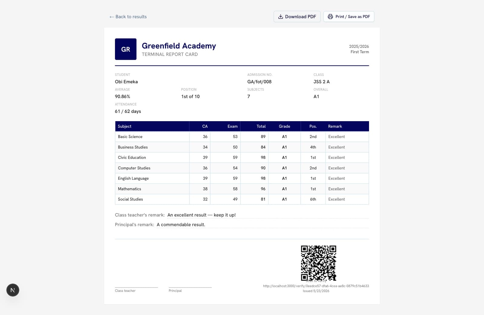A published, QR-verified Result Prime report card