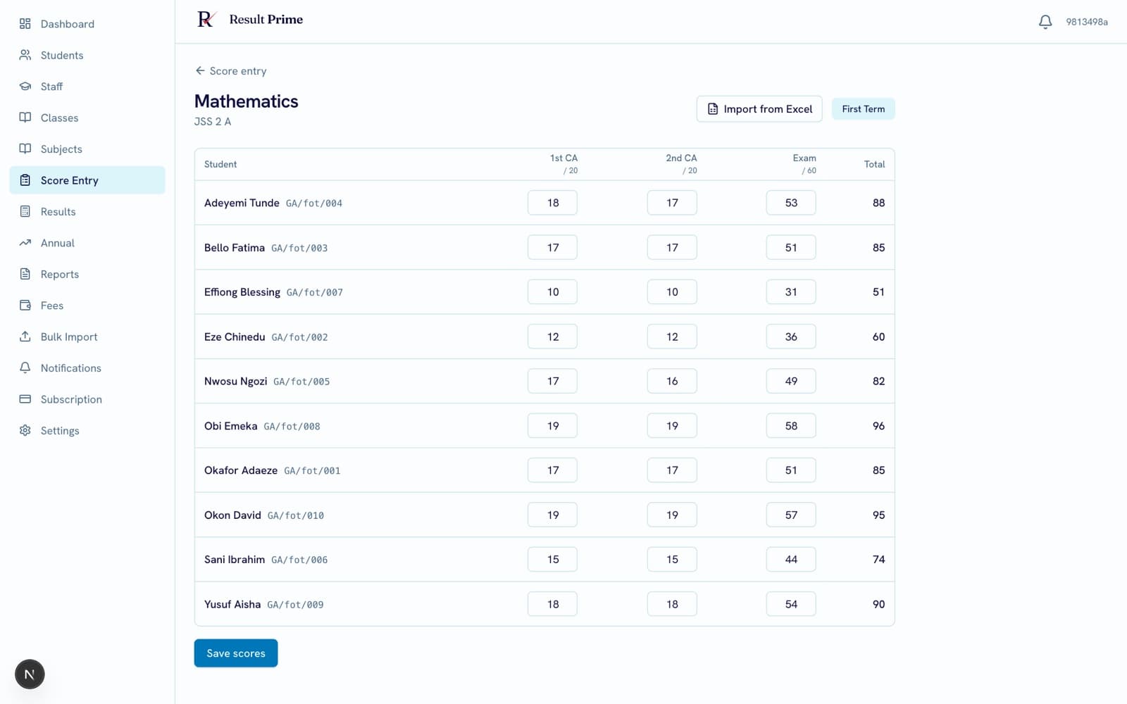 Score entry in Result Prime